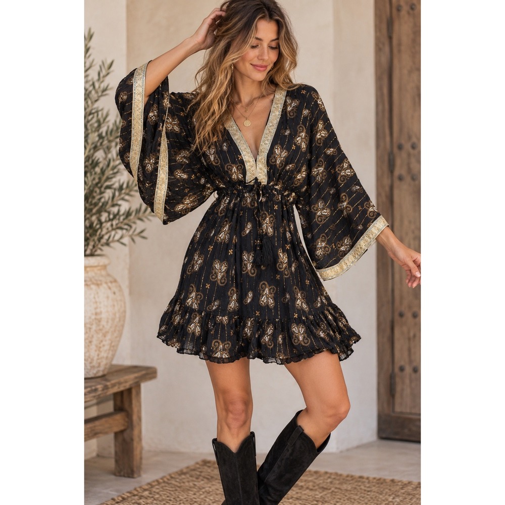 Zury Boho Paisley Metallic V-Neck Kimono Sleeve Mini Dress Black Gold OS